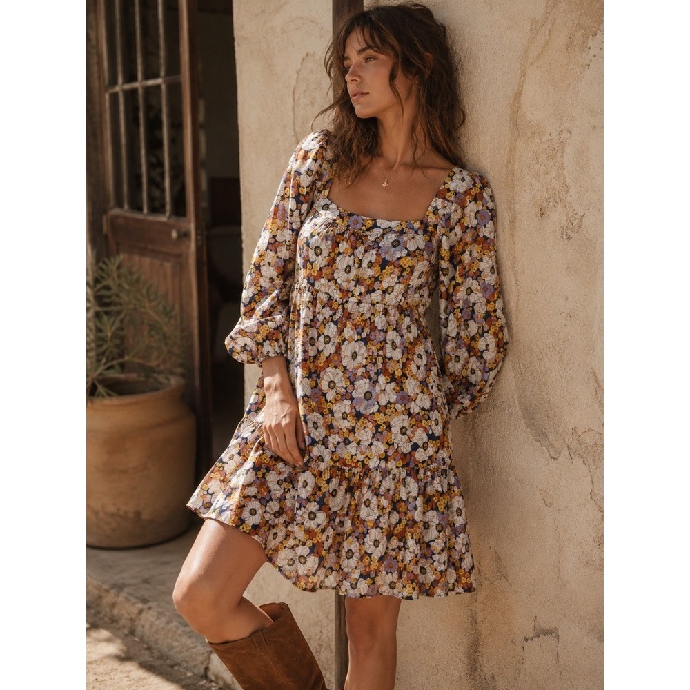 ana A New‎ Approach Floral Square Neck Tiered Mini Dress XS Retro Boho Cotton